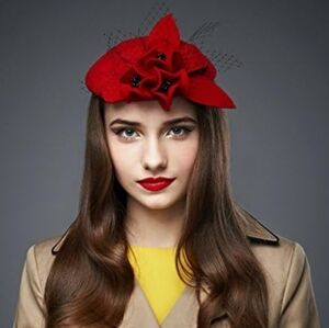 [NEW] Lawliet Womens Red Socialite Flower Black Pearl Fasinator Pillbox Wool Hat